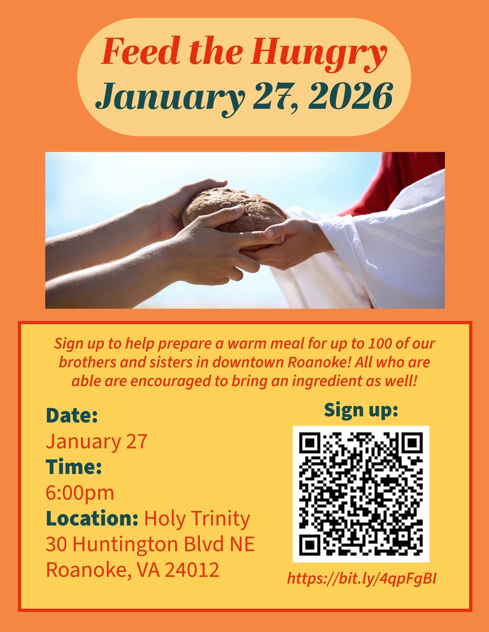 On Tuesday, January 27th, the cooking event for The Least of These is cancelled. We still need people to serve and transport food on Wednesday.