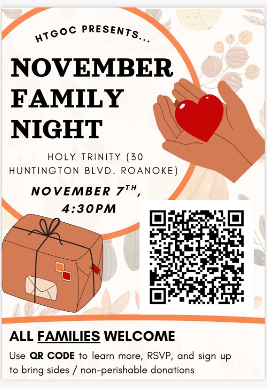 All families are welcome to our Fall Family Night at HT, Nov 7th, 4:30PM