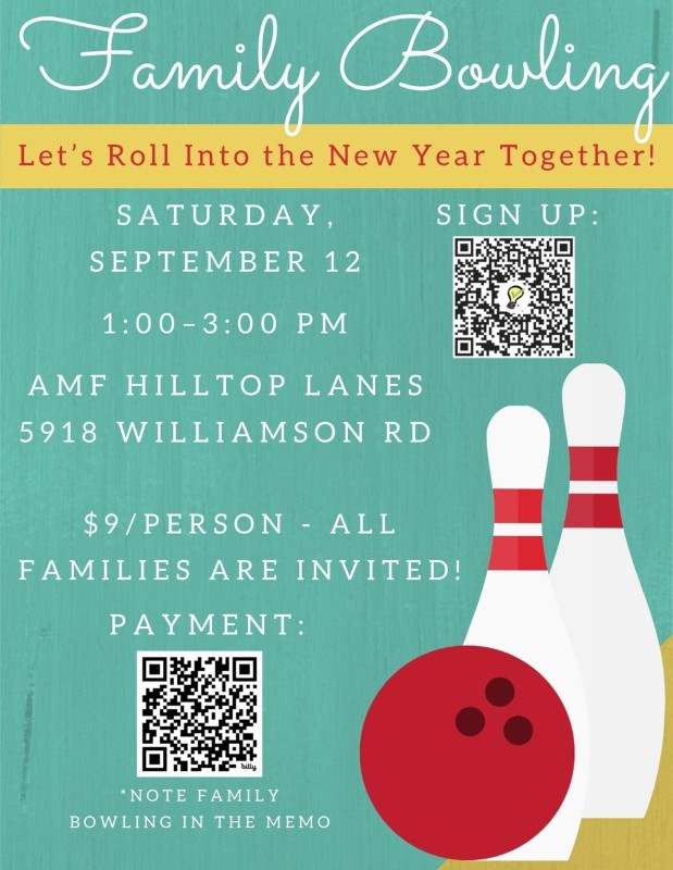 Our family bowling event will be September 12, 1:00 to 3:00pm